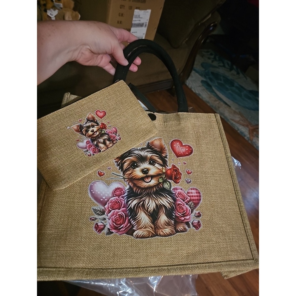 Yorkie Terrier Tote Bag w/ Floral Print & Roses  Medium 14" x 12" W/ Zip Pouch
